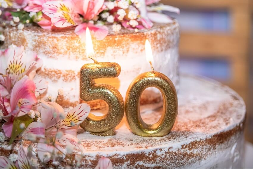 Happy 50th birthday wishes: golden number 50 candles on a cake