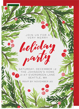 'Watercolor Evergreen Sprigs' Holiday Party Invitation