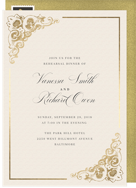 'Baroque Corners' Rehearsal Dinner Invitation